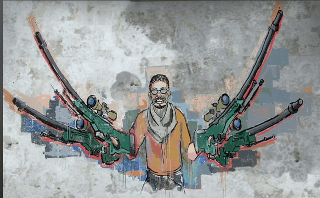 graffiti of a terrorist who holds 4 AWPs in his hands